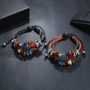3 PCS BX016 Retro Personality Leather Beaded Bracelet(Red Leather++Ancient Silver Accessories)