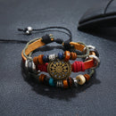 3 PCS BX016 Retro Personality Leather Beaded Bracelet(Light Brown Leather+Bronze Accessories)