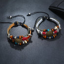 3 PCS BX016 Retro Personality Leather Beaded Bracelet(Light Brown Leather+Bronze Accessories)