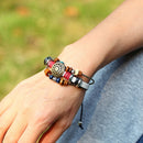 3 PCS BX016 Retro Personality Leather Beaded Bracelet(Red Leather++Ancient Silver Accessories)