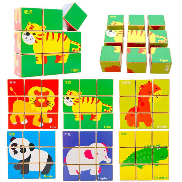 2 Sets 9 Cube Six-Sided Pattern Puzzle 3D Wooden Toys(Forest Animals)