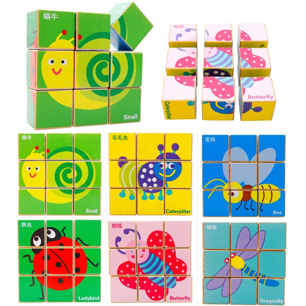 2 Sets 9 Cube Six-Sided Pattern Puzzle 3D Wooden Toys(Tablets)