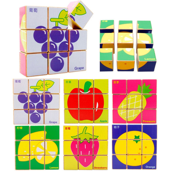 2 Sets 9 Cube Six-Sided Pattern Puzzle 3D Wooden Toys(Fruit)