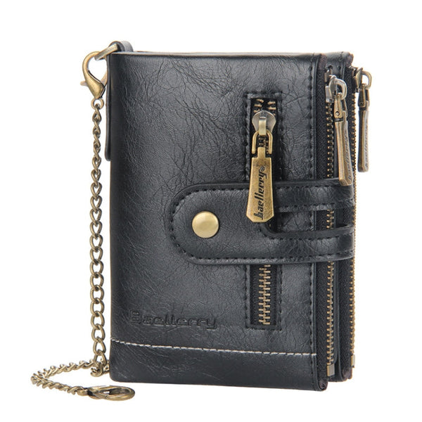 Baellerry Short Wallet Double Zipper Tri-Fold Wallet For Men(Black)