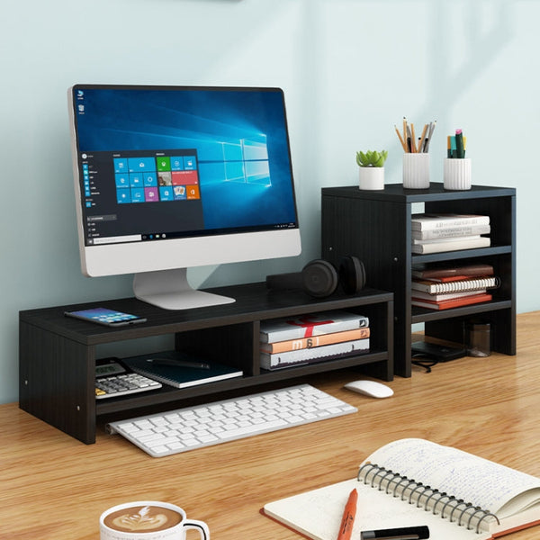 Computer Elevated Rack Monitor Bracket Storage Rack,Style: Double Layer+Three Layers(Black Walnut)