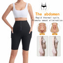 Women High Waist Breasted Hip Lifting Pants With Pocket, Color: PU Blue 5-point, Size: M