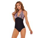 DS40 Ladies Slim and Conservative Halter Neck Swimsuit, Size: M(Red Yellow Strip Leopard Print)
