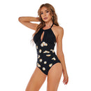 DS40 Ladies Slim and Conservative Halter Neck Swimsuit, Size: XXL(Black Bottom Leaf Pattern)