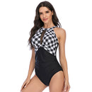 DS109 Ladies Slim And Conservative Halter Neck Swimsuit, Size: XL(Black White Grid)