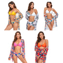 Bikini + Mesh Shawl + Split Swimsuit Women Swimsuit With Chest Pad, Size: L(White Green Flowers)