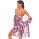 Bikini + Mesh Shawl + Split Swimsuit Women Swimsuit With Chest Pad, Size: XL(White Green Flowers)
