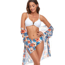 Bikini + Mesh Shawl + Split Swimsuit Women Swimsuit With Chest Pad, Size: M(White Orange Flowers)