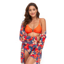 Bikini + Mesh Shawl + Split Swimsuit Women Swimsuit With Chest Pad, Size: M(Orange)