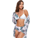 Bikini + Mesh Shawl + Split Swimsuit Women Swimsuit With Chest Pad, Size: XL(White Green Flowers)