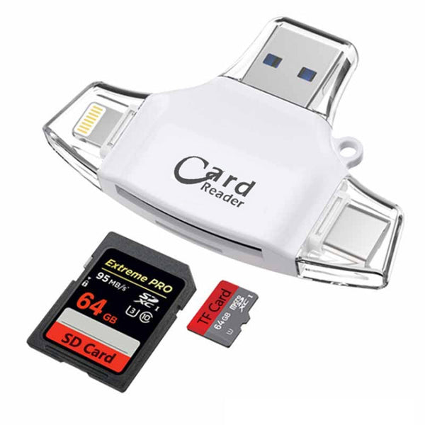 USB 2.0+8Pin +Type-C+Micro USB 4 In 1 Card Reader Supports Reading SD&TF Car(White)