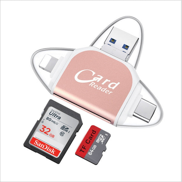 R015 USB2.0 & Micro USB+8Pin+Type-C 4 In 1 Card Reader Supports SD/TF Card(Rose Gold)