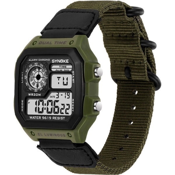 SYNOKE 9619C Nylon Canvas Strap Three-Ring Buckle Vintage Electronic Luminous Watch(Green)