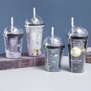 Double Star Plastic Cup Cartoon Water Cup With Straw, Color: 350ml Purple