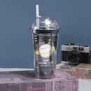 Double Star Plastic Cup Cartoon Water Cup With Straw, Color: 450ml Black