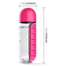 600ML Plastic Water Bottle with Daily Pill Box Organizer Drinking Bottles(Rose Red)