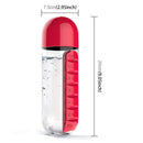 600ML Plastic Water Bottle with Daily Pill Box Organizer Drinking Bottles(Red)