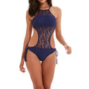 Sexy One Piece Solid Color Backless Hollow Lace Tight Swimsuit for Women, Size:L(Blue)
