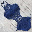 Sexy One Piece Solid Color Backless Hollow Lace Tight Swimsuit for Women, Size:S(Black)