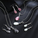 Women Fashion Opal Water Drop Necklace Pendant Earrings Bridal Wedding Jewelry Sets(Black)