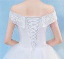 Retro Elegant Off Shoulder LaceThin Court Neat Princess Wedding Dress, Size:L(White)