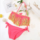2 PCS Tri-color Tassel Split Bikini Swimsuit for Girls, Size:XL(Watermelon Red)