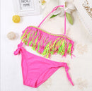 2 PCS Tri-color Tassel Split Bikini Swimsuit for Girls, Size:XL(Pink)