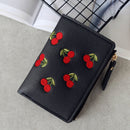 PU Leather Cherry Embroidery Coin Purse Card Holders(Black)
