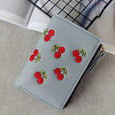 PU Leather Cherry Embroidery Coin Purse Card Holders(Grey blue)