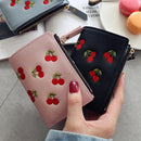 PU Leather Cherry Embroidery Coin Purse Card Holders(Grey blue)