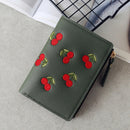 PU Leather Cherry Embroidery Coin Purse Card Holders(Dark green)