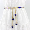 Women Pearl-embellished Thin Metal Waist Chain Belt, Length:135cm(Blue)