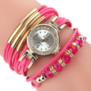 Leather Belt Rhinestone Circle Bracelet Quartz Watch for Women(Rose Red)
