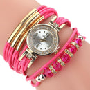 Leather Belt Rhinestone Circle Bracelet Quartz Watch for Women(Rose Red)