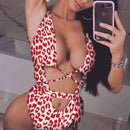 2 PCS Sexy Leopard One-piece Bandage Push Up Swimwear for Women, Size:M(Red leopard)