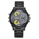 CAGARNY 6820 Fashionable Business Style Large Dial Dual Time Zone Quartz Movement Wrist Watch with Stainless Steel Band & Calendar Function for Men(Black Band Yellow Needle)