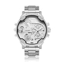 CAGARNY 6820 Fashionable Business Style Large Dial Dual Time Zone Quartz Movement Wrist Watch with Stainless Steel Band & Calendar Function for Men(Steel Band White Window)