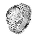 CAGARNY 6820 Fashionable Business Style Large Dial Dual Time Zone Quartz Movement Wrist Watch with Stainless Steel Band & Calendar Function for Men(Steel Band White Window)
