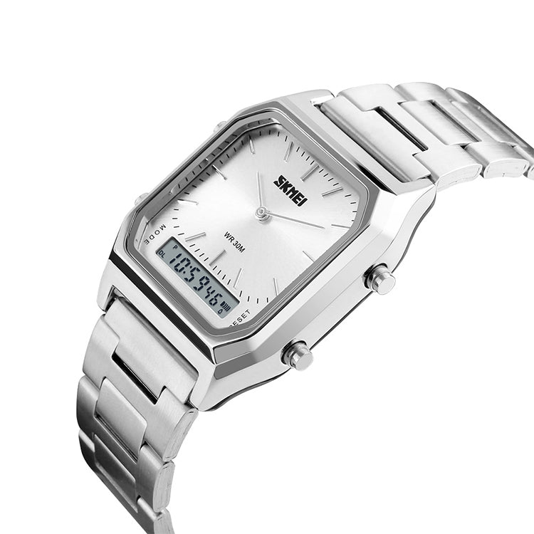 SKMEI 1220 Multifunctional Men Outdoor Business Noctilucent Waterproof Double Display Steel Watchband Wrist Watch (Silver)
