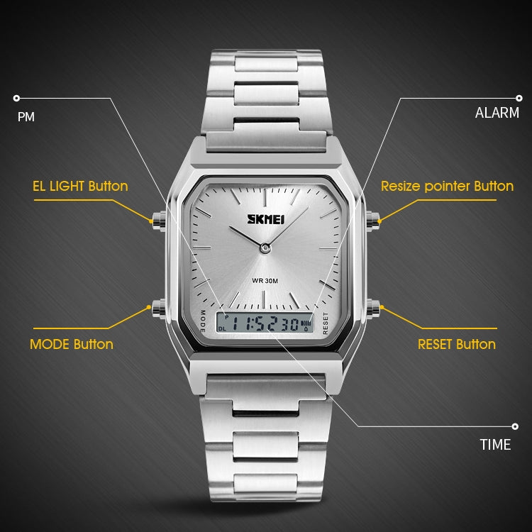 SKMEI 1220 Multifunctional Men Outdoor Business Noctilucent Waterproof Double Display Steel Watchband Wrist Watch (Silver)
