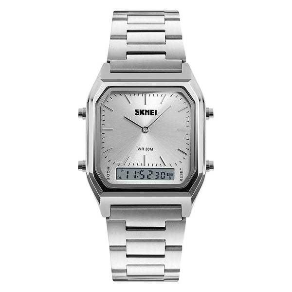 SKMEI 1220 Multifunctional Men Outdoor Business Noctilucent Waterproof Double Display Steel Watchband Wrist Watch (Silver)