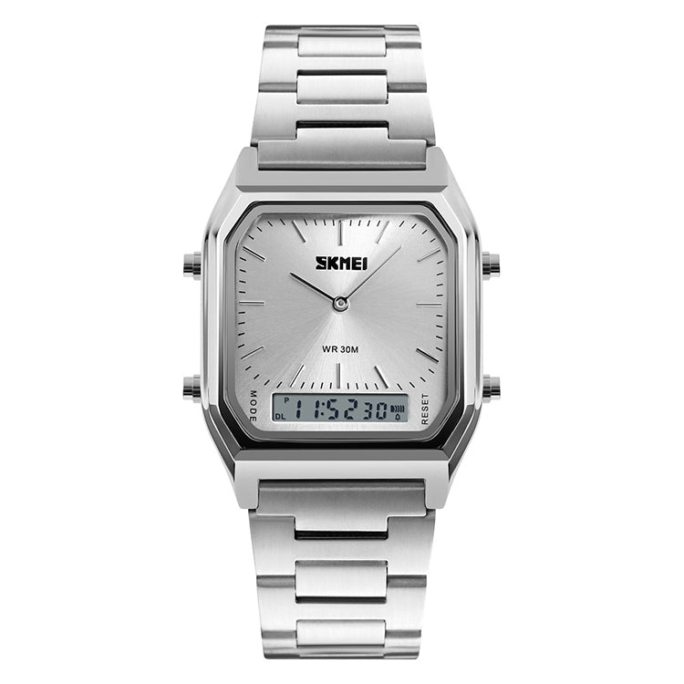 SKMEI 1220 Multifunctional Men Outdoor Business Noctilucent Waterproof Double Display Steel Watchband Wrist Watch (Silver)