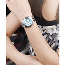 LONGBO Luminous Hands Rhinestone Scale Three Decoration Dial Quartz Women Watch with Alloy Band(Baby Blue)
