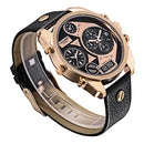 CAGARNY 6822 Fashionable Concise Style Large Dial Dual Clock Rose Gold Case Quartz Movement Wrist Watch with Leather Band & GMT Time & Calendar Functions for Men(Black Window)