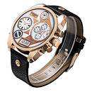 CAGARNY 6822 Fashionable Concise Style Large Dial Dual Clock Rose Gold Case Quartz Movement Wrist Watch with Leather Band & GMT Time & Calendar Functions for Men(White Window)