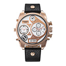CAGARNY 6822 Fashionable Concise Style Large Dial Dual Clock Rose Gold Case Quartz Movement Wrist Watch with Leather Band & GMT Time & Calendar Functions for Men(White Window)